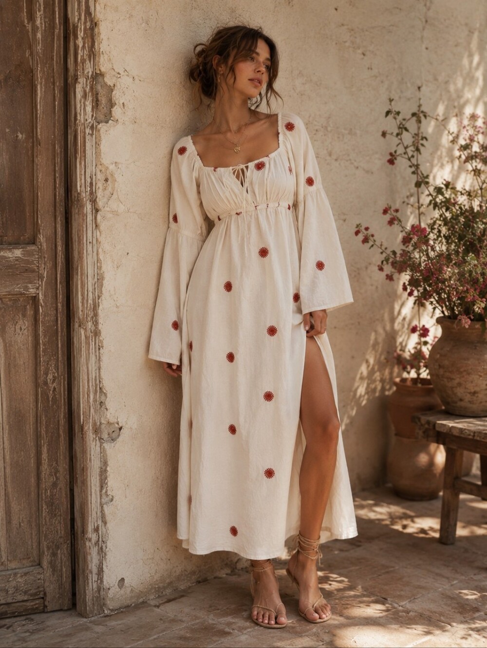 FREE PEOPLE NWOT LINEN Blend EMORY EMBROIDERED MIDI DRESS Slit Side LS IVORY L